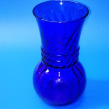 Vintage Indiana Glass Ball Vase - Cobalt Blue Ringed Neck, Ribbed Swirl Pattern - $18.98