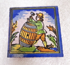 Vintage Tile Man Building Wine Barrel Casket 3 7/8 x 3 7/8 inch Cobalt Blue - $18.32
