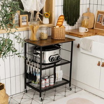 Serving Cart Utility Standing Microwave Rack 3-Tier Kitchen with Hooks Brown - £59.49 GBP