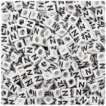 BeadTin White Opaque 6mm Cube Plastic Alphabet Beads- Black Letter N (80... - $2.09