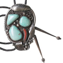 Large Vintage Navajo bolo tie with turquoise and coral - £353.18 GBP