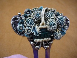 CHL57-5) blue DAHLIA Flower basket cameo brass hair pin pick stick HAIRPIN - $35.52