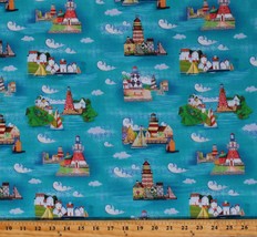 Cotton Lighthouses Building Water Turquoise Fabric Print by Yard D579.75 - $13.95