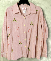 Quaker Factory Button Up Long Sleeve Christmas holiday holly candy cane ... - $26.98