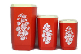 Mid Century Set of 3 Retro Plastic Orange Kitchen Canisters White Floral Pattern - £31.31 GBP