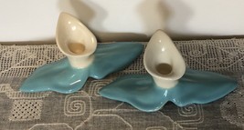 Pair Cowan (??) Vtg Art Pottery Calla Lily Candlesticks Turquoise &amp; Creamy White - £25.73 GBP