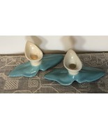 Pair Cowan (??) Vtg Art Pottery Calla Lily Candlesticks Turquoise &amp; Crea... - £25.78 GBP
