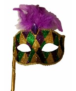 Gold Purple Green Marquis Venetian Masquerade Mardi Gras Stick Mask - £15.77 GBP