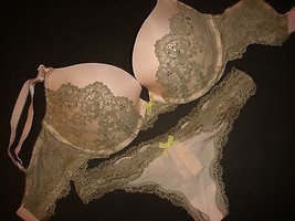 Victoria&#39;s Secret 32DD Bra Set Thong Nude Olive Green Crystallized Dream Angels - £58.15 GBP