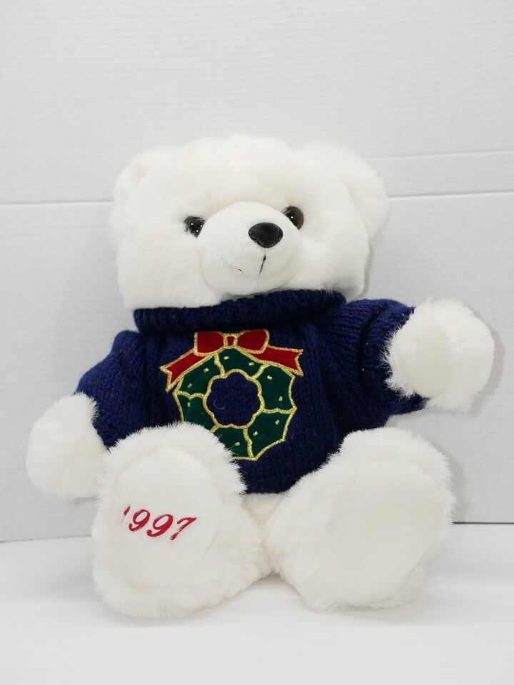 Primary image for Vintage K-mart 1997 Main Joy Limited 18" White Plush BEAR w/ Blue Wreath Sweater