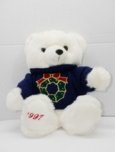 Vintage K-mart 1997 Main Joy Limited 18&quot; White Plush BEAR w/ Blue Wreath Sweater - £15.79 GBP