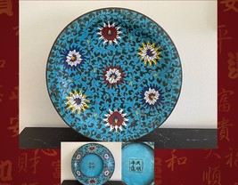 Early Chinese Cloisonne Plate Blue, Green, Red, Yellow &amp; White Flower Motifs - £3,882.80 GBP