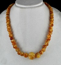 Natural Citrine Carved Beaded Necklace 390 Carats Round Gemstone Silver Clasp - £60.14 GBP