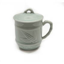 Chinese Celadon Porcelain Green Covered Tea Coffee Mug Bamboo 1960&#39;s New - $34.62