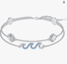 NEW 925 Sterling Silver Double Strand Ankle Bracelet Seashells Wave Beach Sea 9&quot; - £15.43 GBP