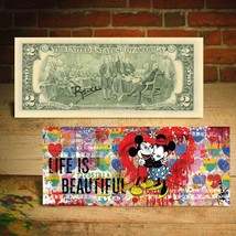 Mickey &amp; Minnie Mouse - Life Is Beautiful $2 Genuine Bill Rency Art HAND-SIGNED - $20.57