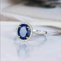 3.50Ct Oval Cut Blue Sapphire Halo Engagement Ring 14K White Gold Finish - £59.78 GBP