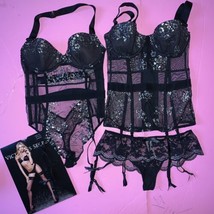 Victoria&#39;s Secret 32B GARTER corset+TEDDY one-piece+XS thong BLACK silve... - $169.99