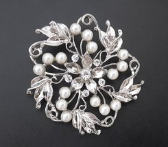 2pc Round Flower Faux Pearl Clear White Rhinestone Brooch Pin B241 - £5.58 GBP