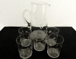 Etched Glass Pitcher w/5 Tumblers,  Abstract Flower &amp; Leaves, Water, Jui... - £38.46 GBP