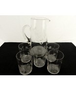 Etched Glass Pitcher w/5 Tumblers,  Abstract Flower &amp; Leaves, Water, Jui... - $66.94 CAD