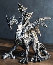 Gothic Silver Three Headed Dragon Hydra Roaring Statue 8&quot; Tall Figurine Decor - £26.24 GBP
