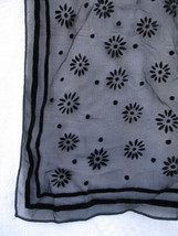Vintage Black Square Sheer Scarf with Velvet Daisies Polka Dots Striped Border - £15.00 GBP