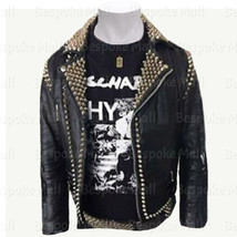 New Men&#39;s Black Top Quilted Full Silver Studded Cowhide Biker Leather Jacket-166 - £338.24 GBP