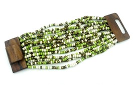 Multi Strand Green Bronze White Seed Bead Wooden Buckle Stretch Bracelet - £10.90 GBP