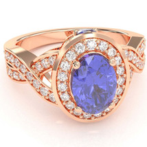 Three Stone Tanzanite Diamond Peekaboo Halo Engagement Ring In 14k Rose Gold - £786.87 GBP