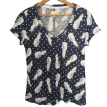 Pineapple Print Women Linen Top Small Short Sleeve Navy Blue White Maison Jules - £11.72 GBP