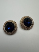 Vintage Gold Blue Accent Rhinestone Clip Earrings 3.2cm - £14.24 GBP