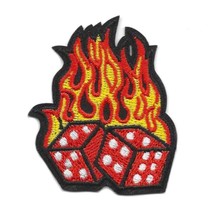 Flaming Dice Iron On Patch 2.4&quot; Flames Fire Rocker Gambler Embroidered Applique - $3.25