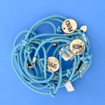 Alliegro Blue Braided Leather 78&quot; Wrap Necklace Bracelet Anklet Multiple Charms - £30.36 GBP