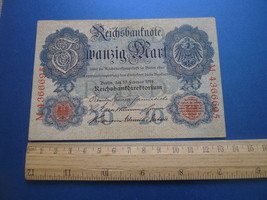 K. Germany Banknote Reichsbanknote 20 Mark 1914 Ser. M 4366695 - £16.08 GBP