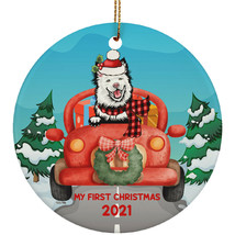 Funny Lapinkoira Dog Ride Car My First Christmas 2021 Pet Lover Circle Ornament - £15.53 GBP