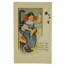 Whitney Postcard Kitchen Girl Cat Hearts Cast Iron Stove Pot Kettle Cook Pies - £15.50 GBP