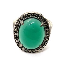 Vintage Signed Sterling Silver Victorian Art Deco Chrysoprase Marcasite Ring 6 - £38.68 GBP