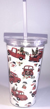 Red Truck &amp; Snowman Christmas 16 oz.Tumbler/Cup W Lid &amp; Straw-NEW-SHIPS N 24 HRS - £7.70 GBP