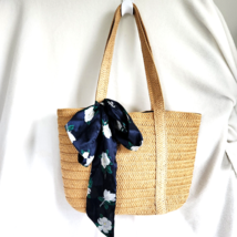 Draper James Everyday Straw Bag With Blue Floral Scarf Summer Beach Tote... - $18.43