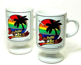 2 Vintage 1980s Daytona Beach Souvenir Pedestal Coffee Mugs Rainbow Colo... - $14.39