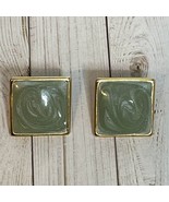 Green Cream Swirl Pattern Gold Tone Diamond Square Shaped Pierced Earrin... - £7.16 GBP