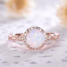 1Ct Round Cut Fire Opal Halo Antique Engagement Wedding Ring 14K Rose Gold Over - £61.75 GBP