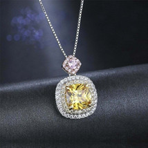 3Ct Cushion Cut CZ Yellow Citrine Halo Pendant 18&quot; Chain 14K White Gold Finish - £94.67 GBP