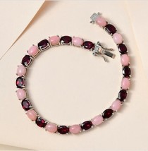 Natural Pink Opal &amp; Red Garnet Tennis Bracelet, Vintage Jewelry For Woman - £114.31 GBP