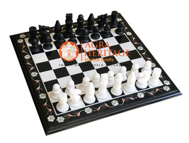 15&quot; Marble Chess Side Top Table With Marble Chess Pieces Inlay Home Deco... - $947.24