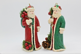 Santa Claus Ornaments Set of 2 a Green &amp; a Red Long Coat Pinecone Berrys - £5.46 GBP