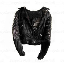 New Women&#39;s Black Real Cowhide Leather Long Spiked Rock Punk Studded Jacket-469 - £280.44 GBP