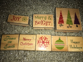 Christmas Wood Rubber Stamp,Joy, Merry &amp; Brig, Peace, Happy Holidays, Lot Qty 8 - £6.86 GBP