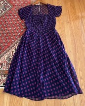 J Peterman Silk Chiffon Party Dress Size 8 Polka Dot Blue Pink Retro Pin... - $39.57